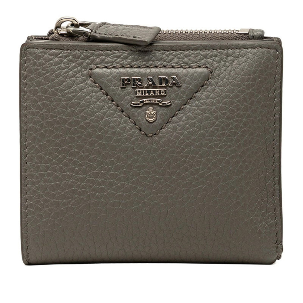 Prada Triangle Bi fold Wallet Compact Gray Vitello Daino Leather